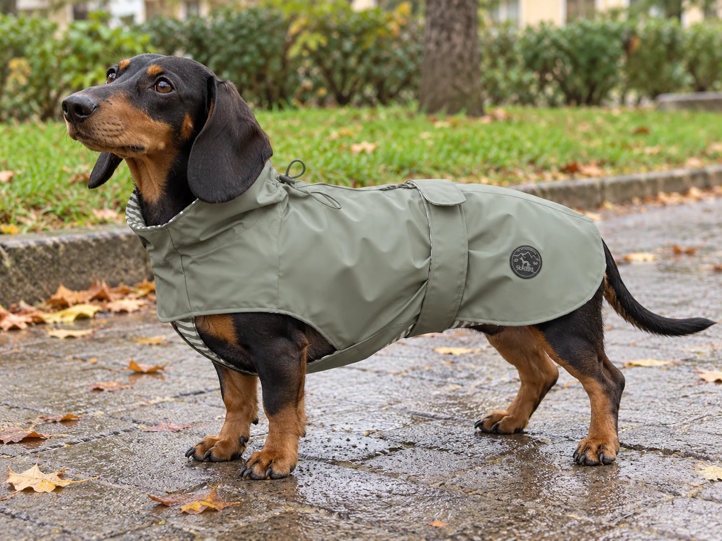 Recreación con IA de un teckel de pelo corto con el HUNTER Milford verde en un paseo después de la lluvia